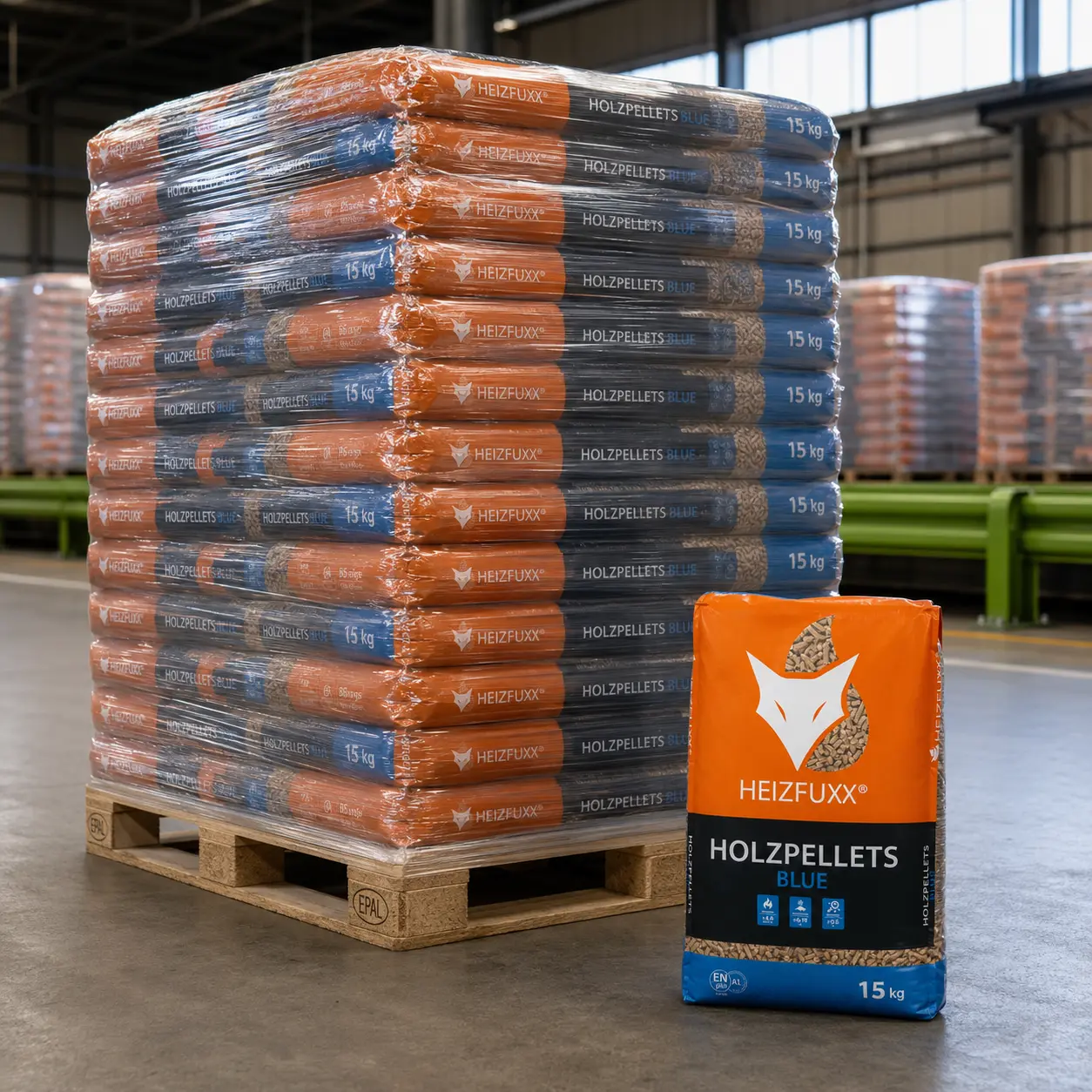 Pellet di conifera Heizfuxx Blue ENplus A1 6 mm - pallet completo 975 kg (65 x 15 kg)