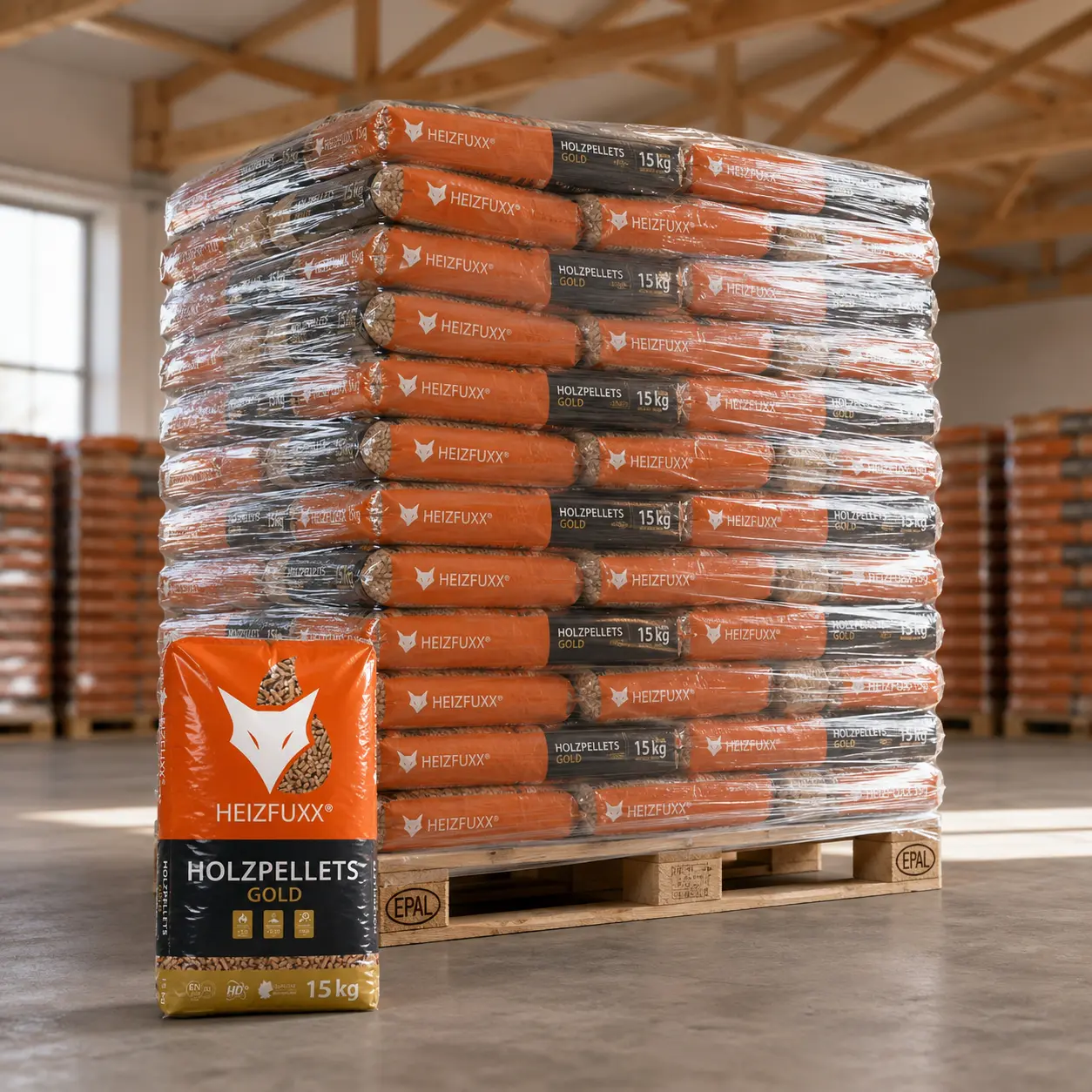 Pellet di conifera Heizfuxx Gold HD ENplus A1 6 mm - pallet completo 975 kg (65 x 15 kg)