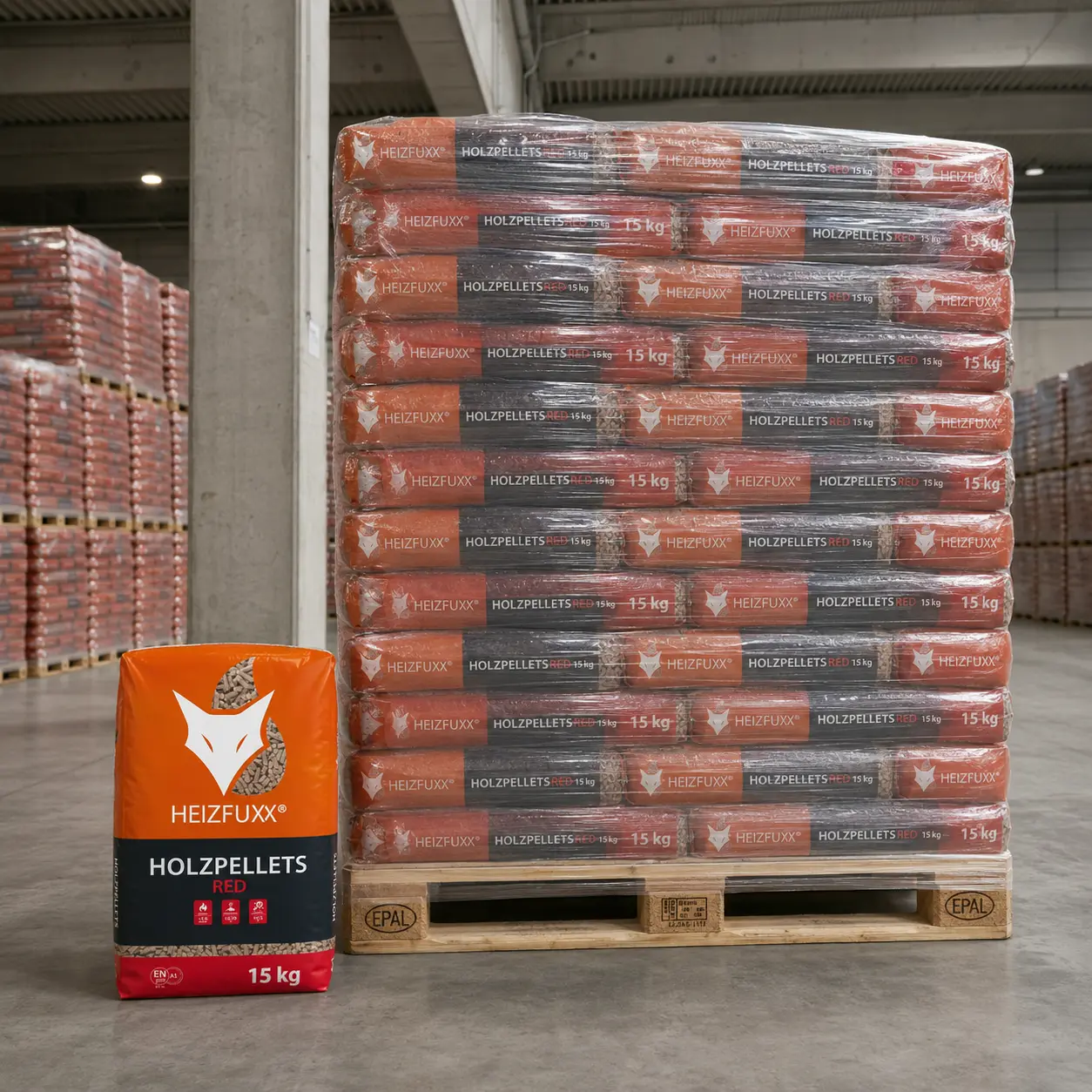 Pellet di latifoglia Heizfuxx Red ENplus A1 6 mm - pallet completo 975 kg (65 x 15 kg)