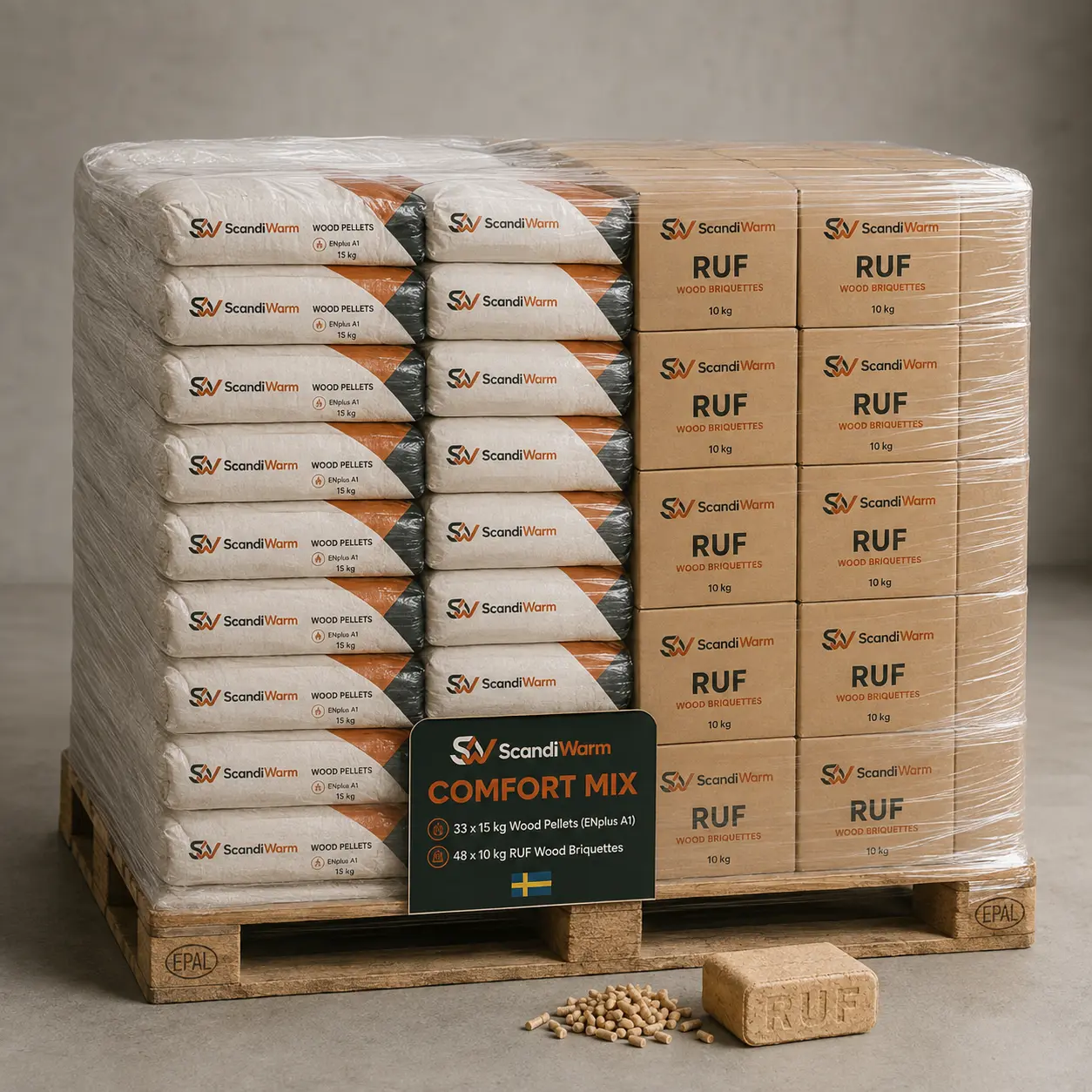 ScandiWarm Comfort Mix - pellet ENplus A1 495 kg + bricchetti RUF 480 kg