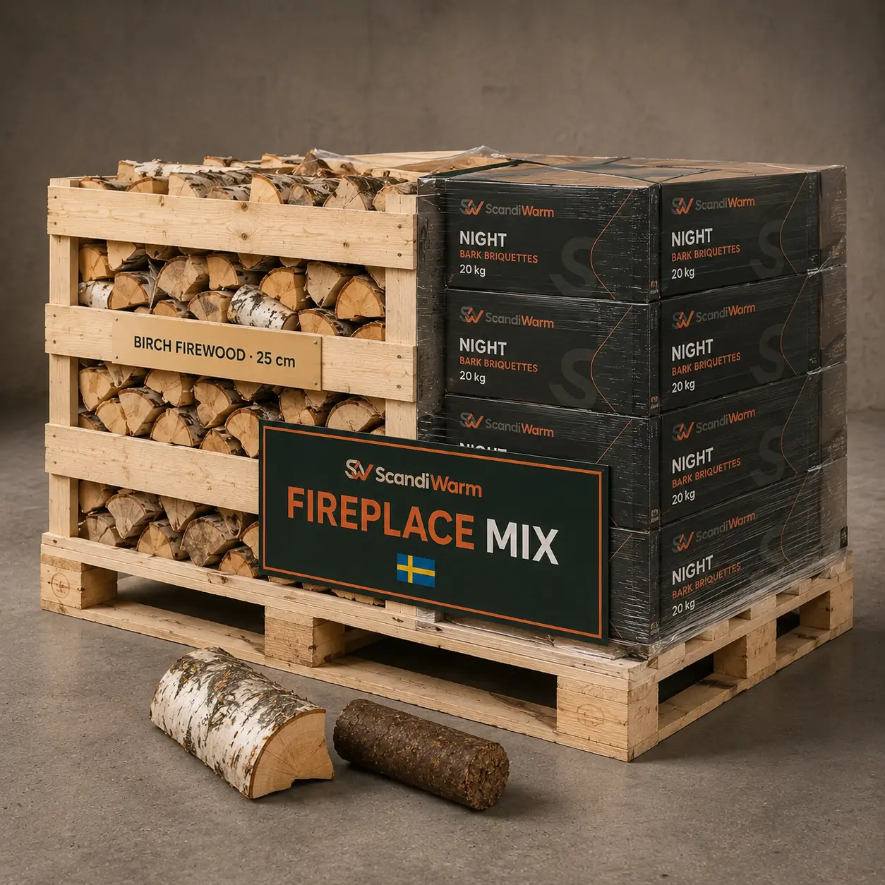 ScandiWarm Fireplace Mix - schwedisches Birkenholz + lang brennende Rindenbriketts