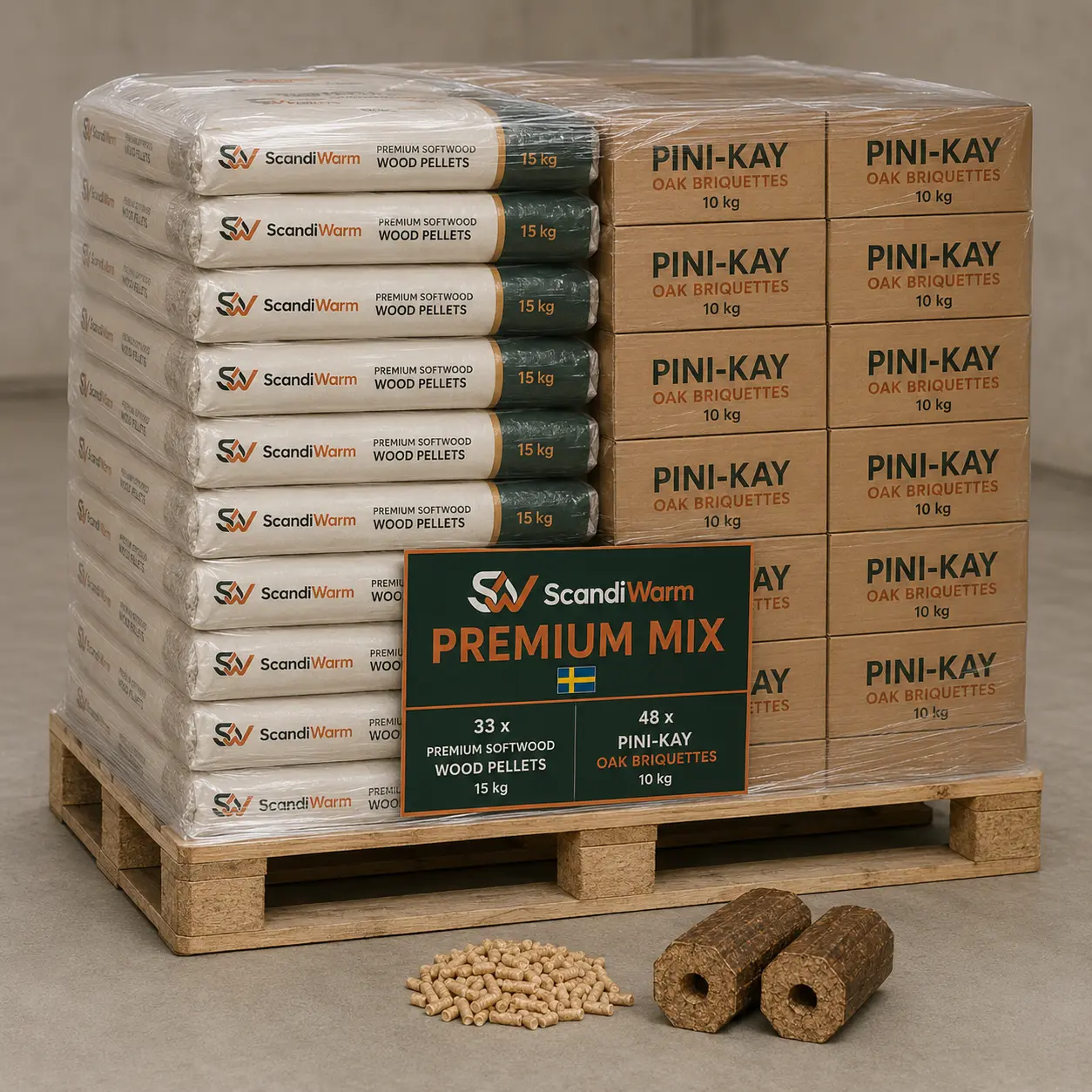 ScandiWarm Premium Mix - Premium-Pellets 495 kg + Pini-Kay-Briketts 480 kg