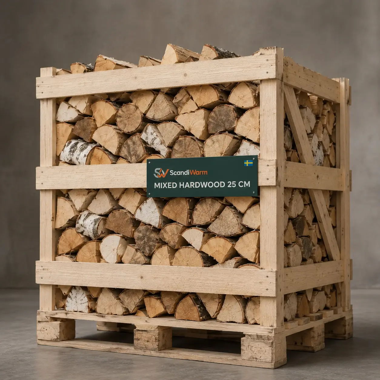 Schwedisches Hartholz-Mix Economy, kammergetrocknet 25 cm - Gitterbox 1 Raummeter