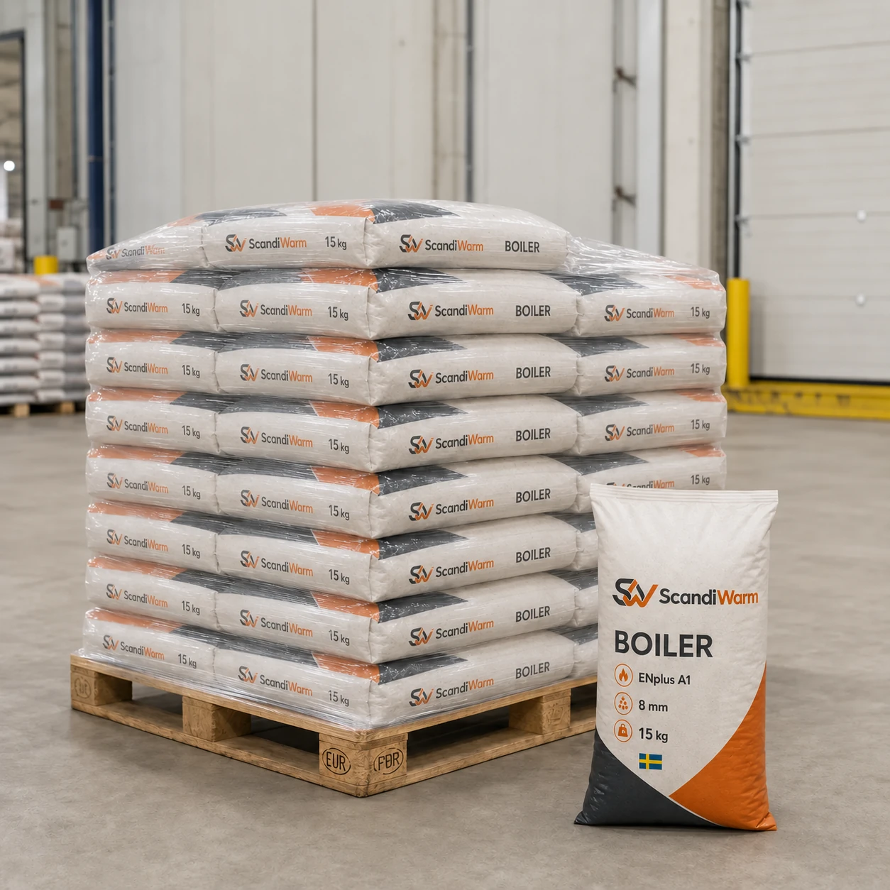 ScandiWarm Boiler ENplus A1-houtpellets 8 mm — 750 kg (50 × 15 kg)