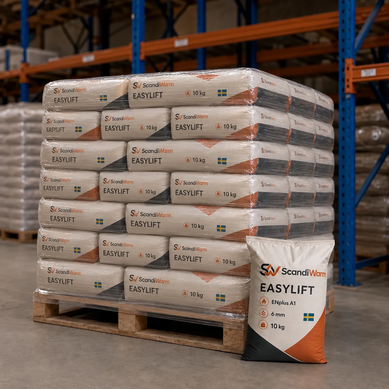 ScandiWarm EasyLift ENplus A1-houtpellets 6 mm — 750 kg (75 × 10 kg)